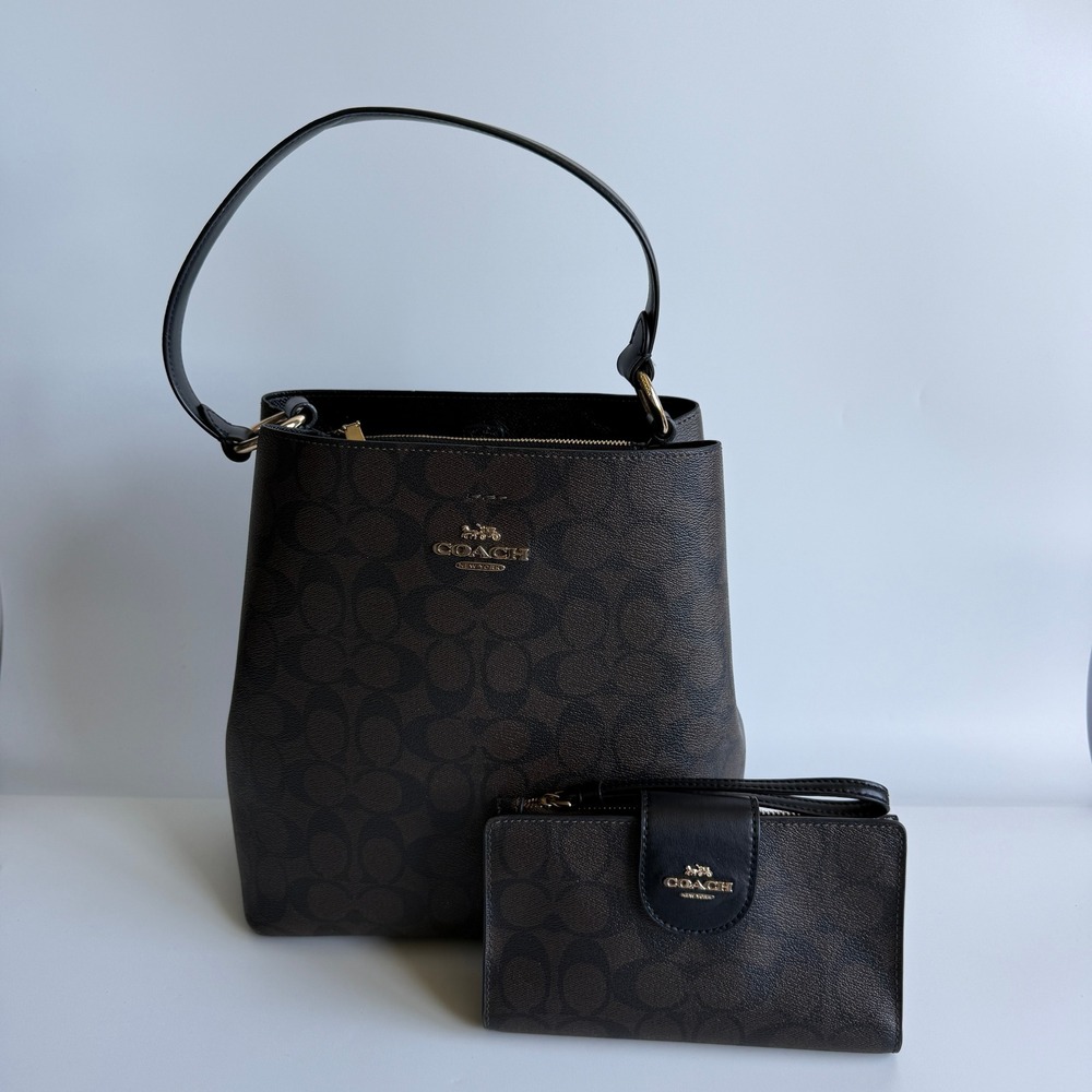 Coach Town Bucket Bag Wristlet Brown Black Signature Canvas 2pc Set 91512 6390